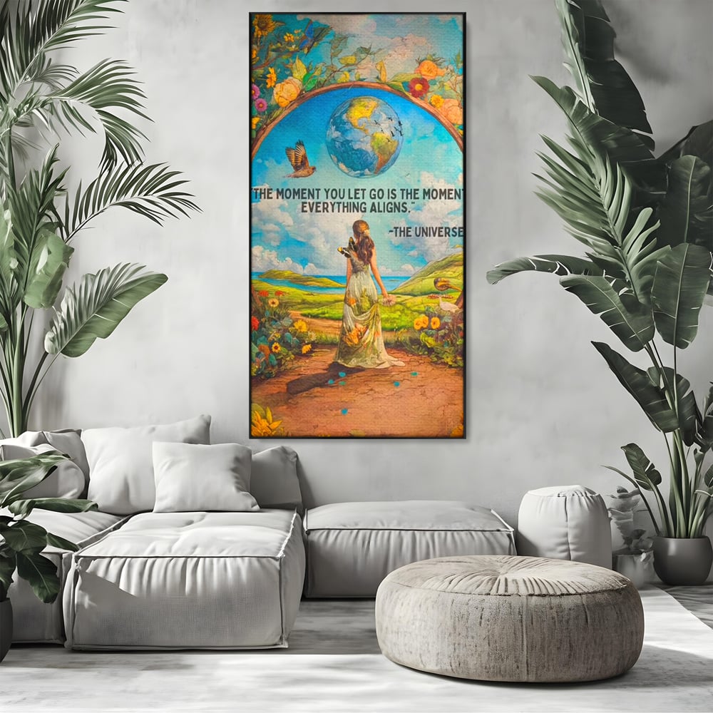 Tablou canvas cu tablou canvas cu femeie pe poteca si glob pamantesc, in rama de aluminiu negru, pe perete intr-un living